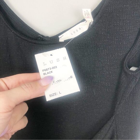 LUSH | NEW Black Tie Front Tapered Leg Jumpsuit Keyhole Back Women’s Size Large - Picture 7 of 10